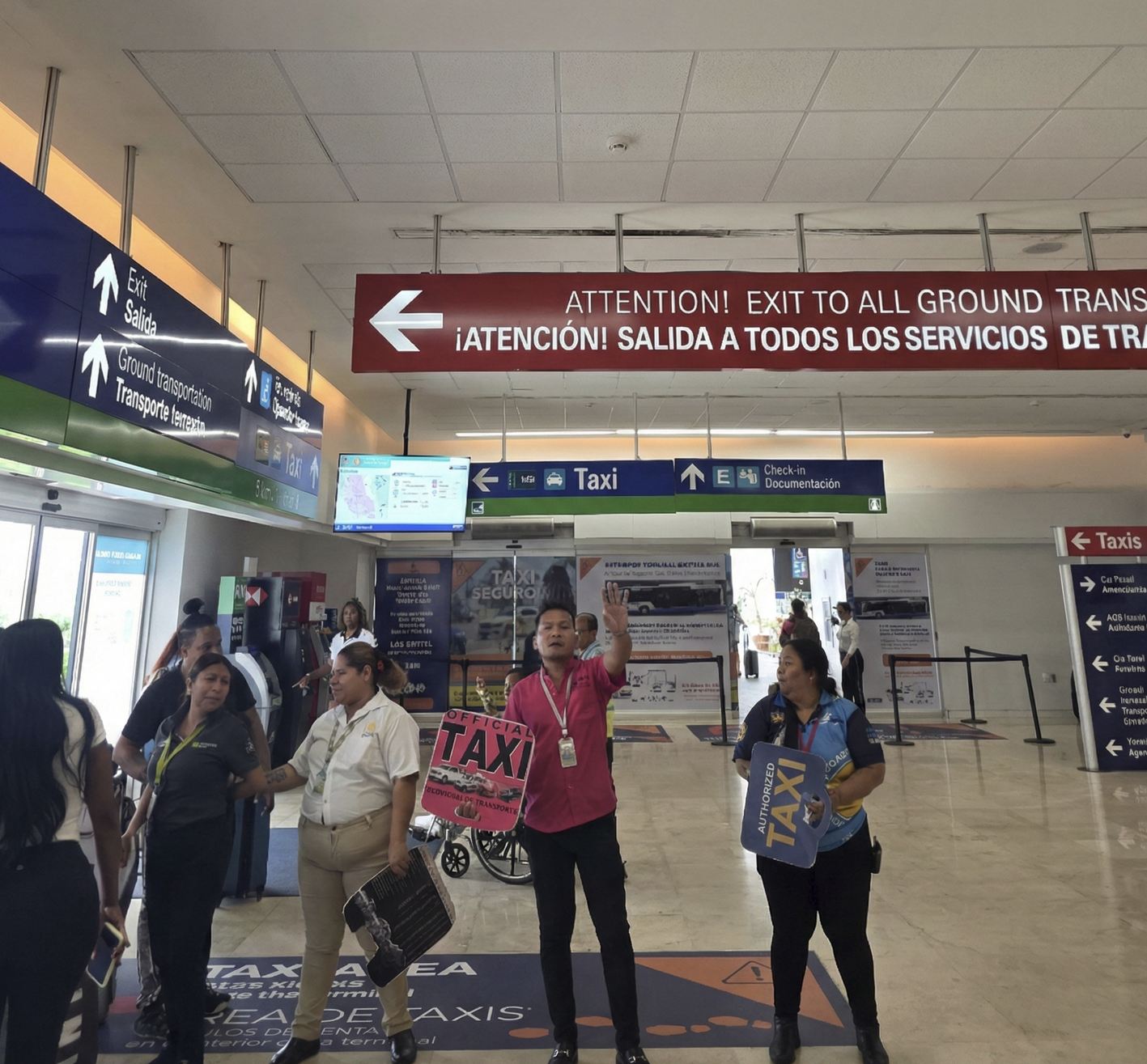 Taxistas que intentan conseguir transporte dentro del aeropuerto de Cancún después de un tanque de tiburones cerca de la salida. Foto original de The Cancún Sun