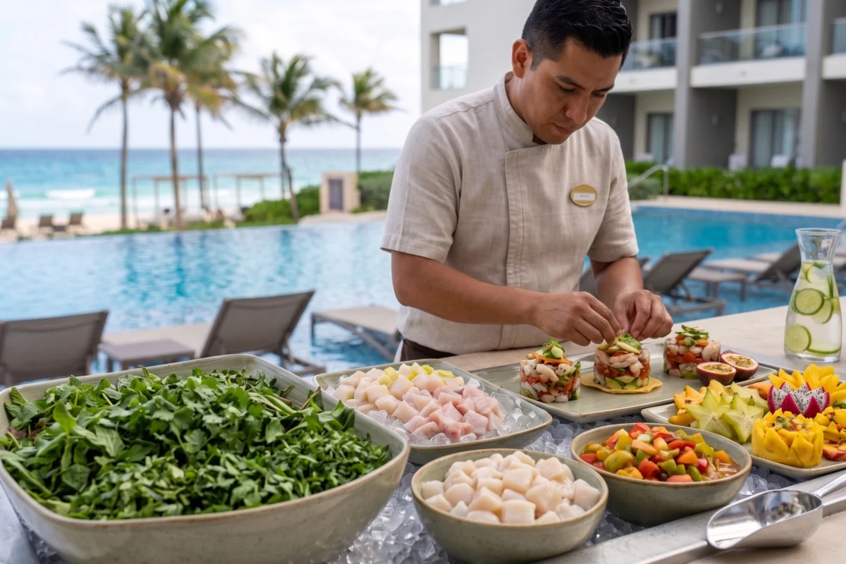 Hombre haciendo ensalada en un bar de ensaladas en Cancún Resort